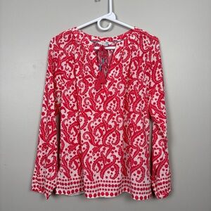 Boden Top Womens Size 4 Red/Orange White‎ Paisley Tassel Cotton Blouse
